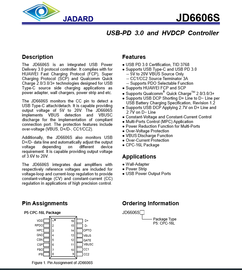 支持蘋果20W PD快充協(xié)議芯片JD6606S