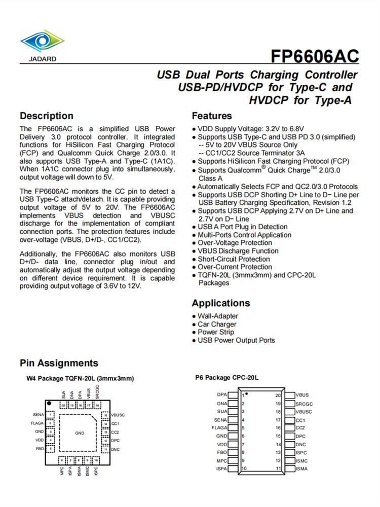 FP6606AC USB-PD 3.0協(xié)議控製器 支持USB Type-A、USB Type-C 快速充電協(xié)議IC芯片