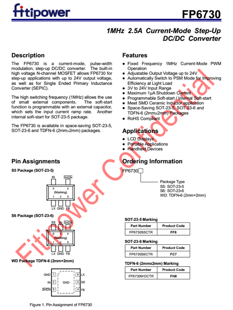 FP6730 1MHz 2.5A電流模式升壓DC/DC轉(zhuǎn)換器芯片 SOT23-5/6 TDFN-6
