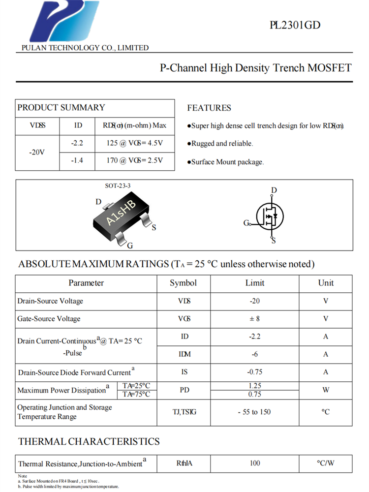 PL2301 SOT23-3 P通道MOSFET場(chǎng)效應(yīng)管