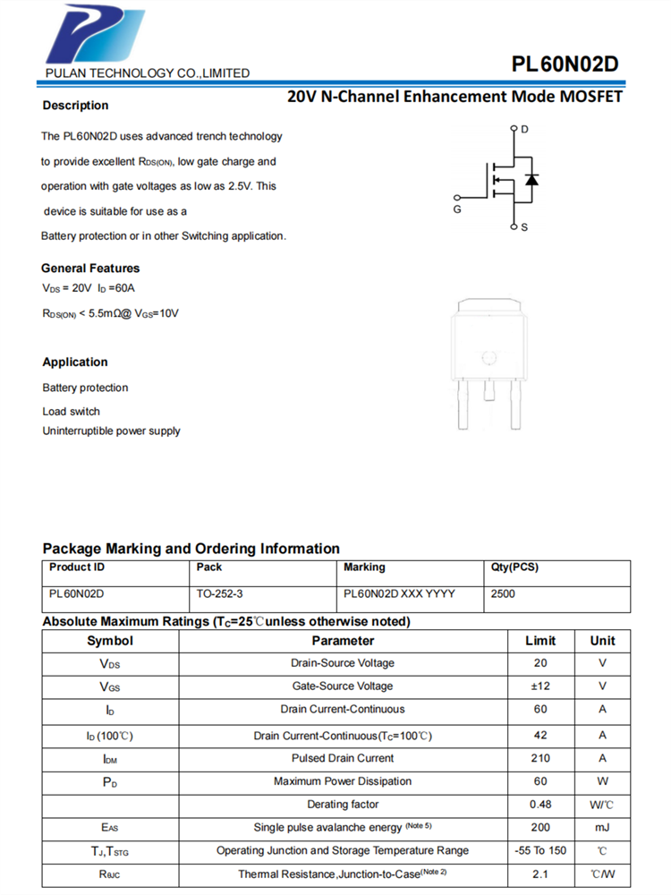 PL60N02D 20VN通道增強(qiáng)模式MOSFET場(chǎng)效應(yīng)管