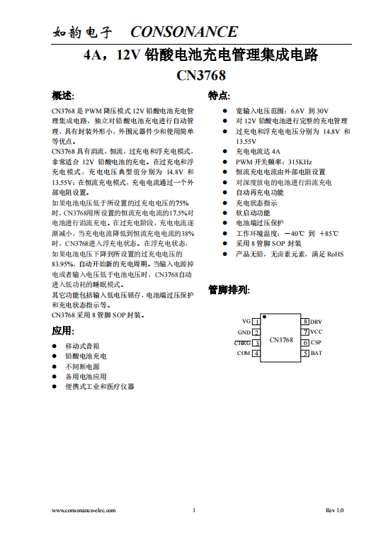 CN3768：小巧高效的12V鉛酸電池PWM充電管理器