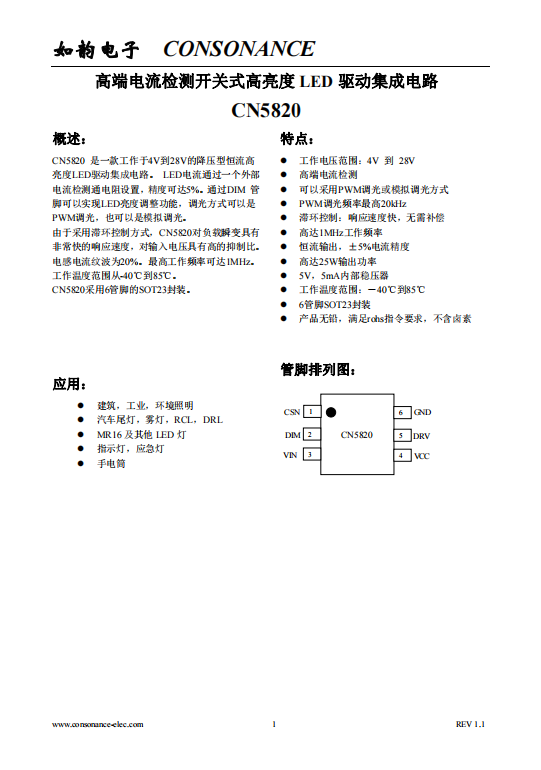 CN5820：4V至28V寬壓恒流LED驅(qū)動(dòng)IC，5%高精度，支持PWM與模擬調(diào)光