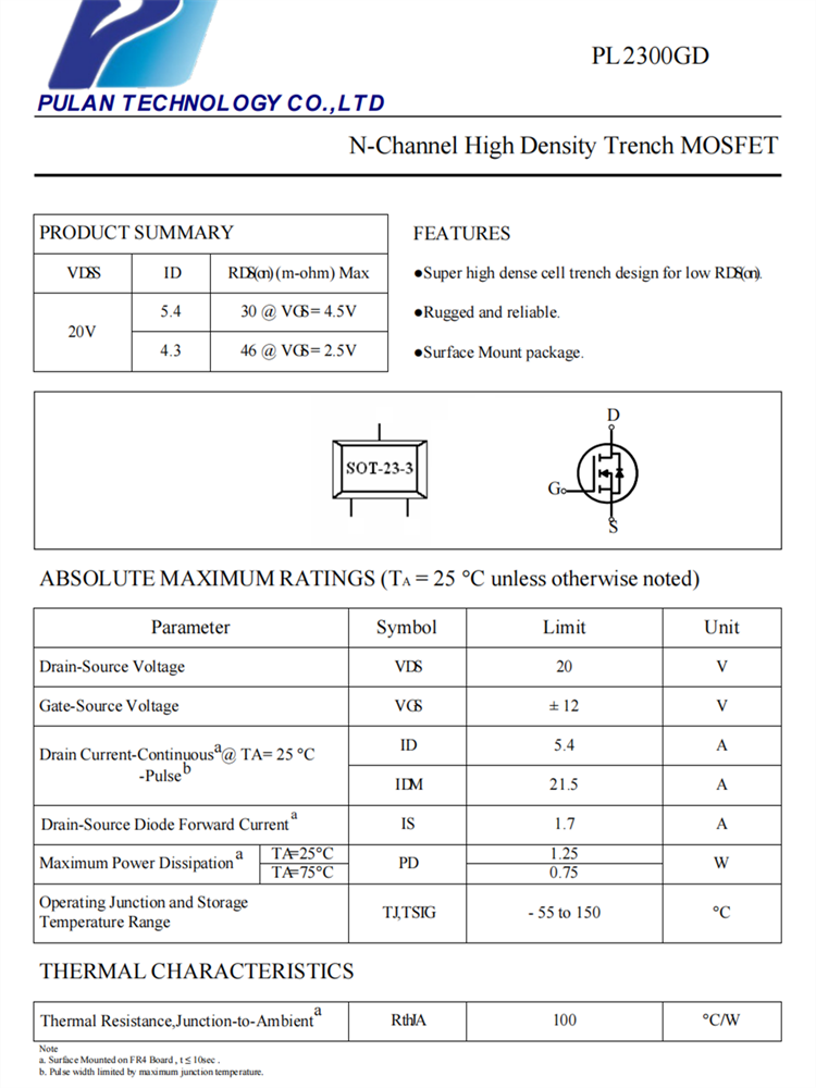 PL2300 N溝道MOSFET場(chǎng)效應(yīng)管