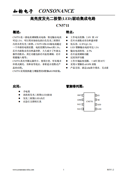 CN5711：集成化高性能LED電流調(diào)制電路，支持1.5A恒定輸出與廣泛電流調(diào)節(jié)