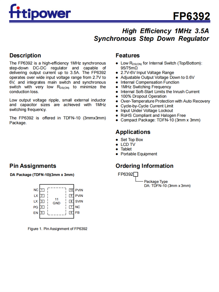 FP6392 TDFN-10 高效1MHz 3.5A輸出 同步降壓DC-DC調(diào)節(jié)器 代理商