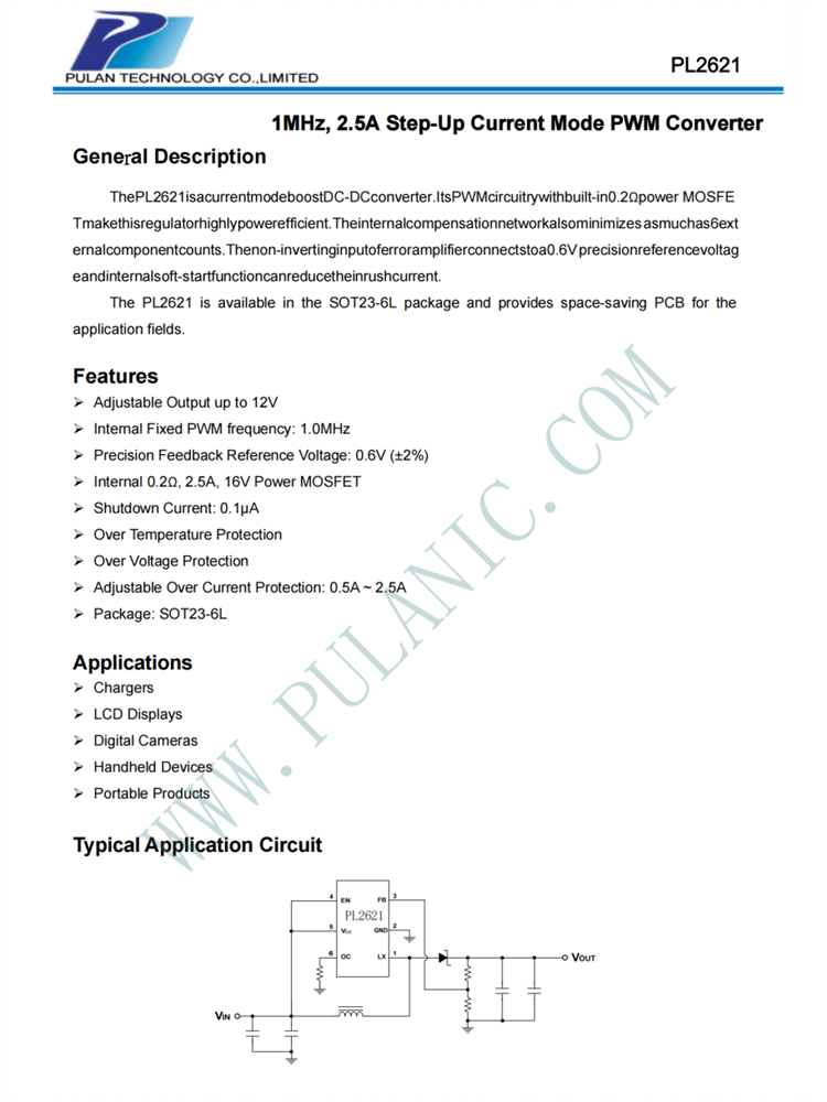 PL2621 SOT23-6L PWM升壓DC/DC轉(zhuǎn)換器