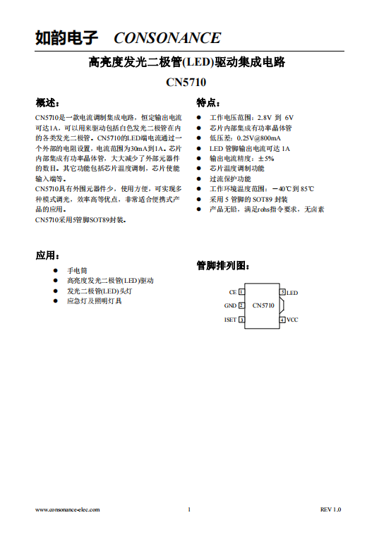 CN5710：集成化LED電流調(diào)製電路，支持高達(dá)1A恆定輸齣與靈活電流調(diào)節(jié)