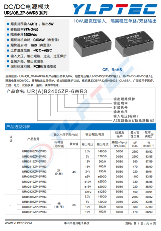 URA2412ZP-6WR3  10W,超寬壓輸入，隔離穩(wěn)壓單路/雙路輸出