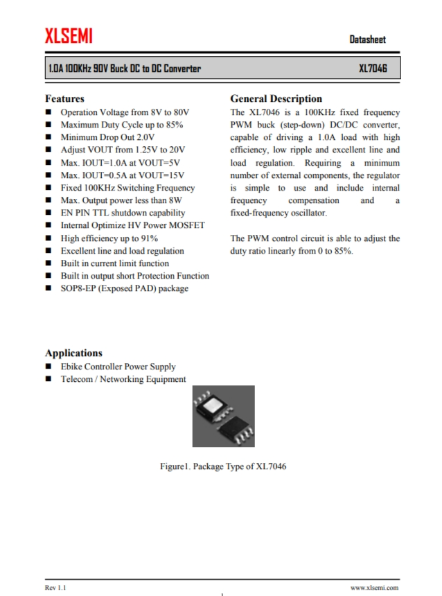 XL7046E1    1.0A 100KHz 90V 降壓DC-DC轉(zhuǎn)換器
