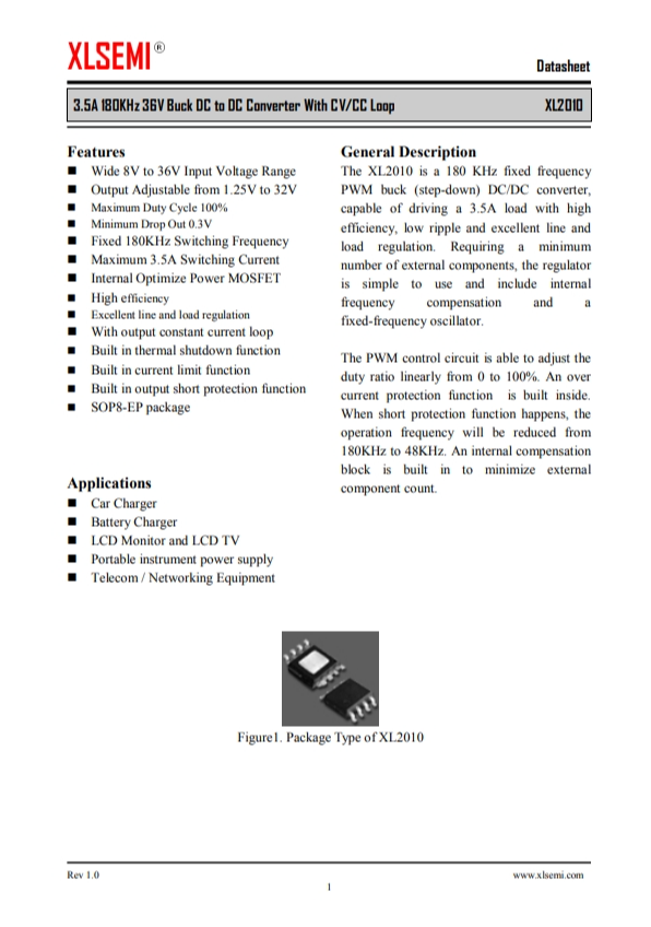 XL2010E1   3.5A 180KHz 36V Buck DC to DC Converter With CV/CC Loop  