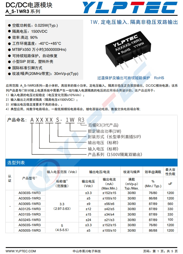 A0512S-1WR3   1W,定電壓輸入,隔離非穩(wěn)壓雙路輸齣