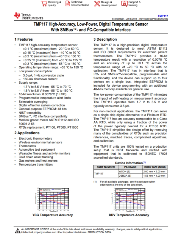 TMP117AIDRVR   48 位 EEPROM、可替代 PT100/PT1000 RTD 的 0.1°C 數(shù)字溫度傳感器