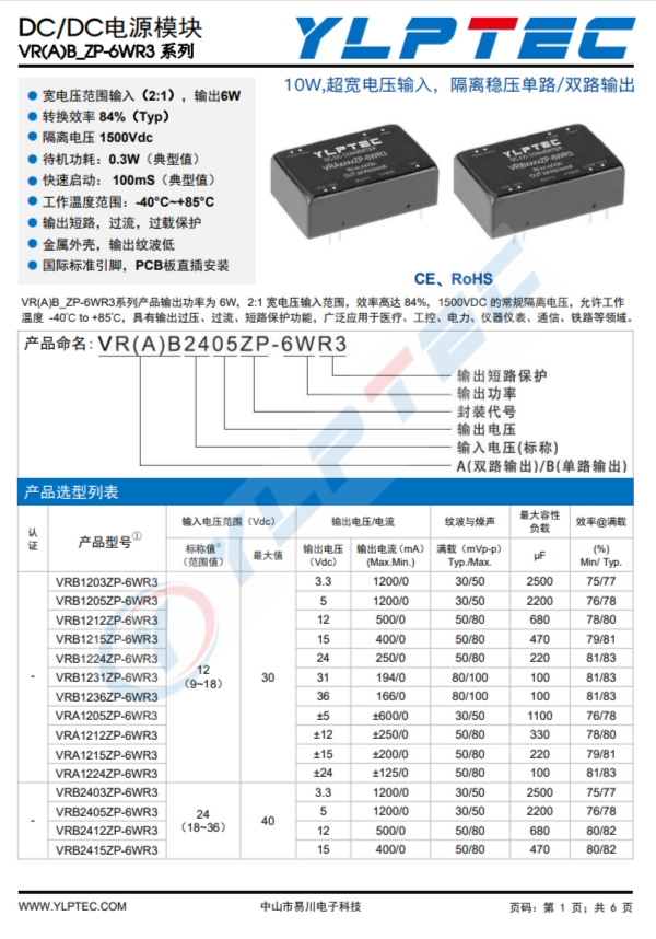 VRB2405ZP-6WR3  10W,超寬電壓輸入，隔離穩(wěn)壓單路/雙路輸出