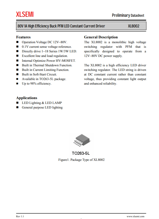 XL8002E1  80V 1A 高效降壓 PFM LED 恒流驅(qū)動器