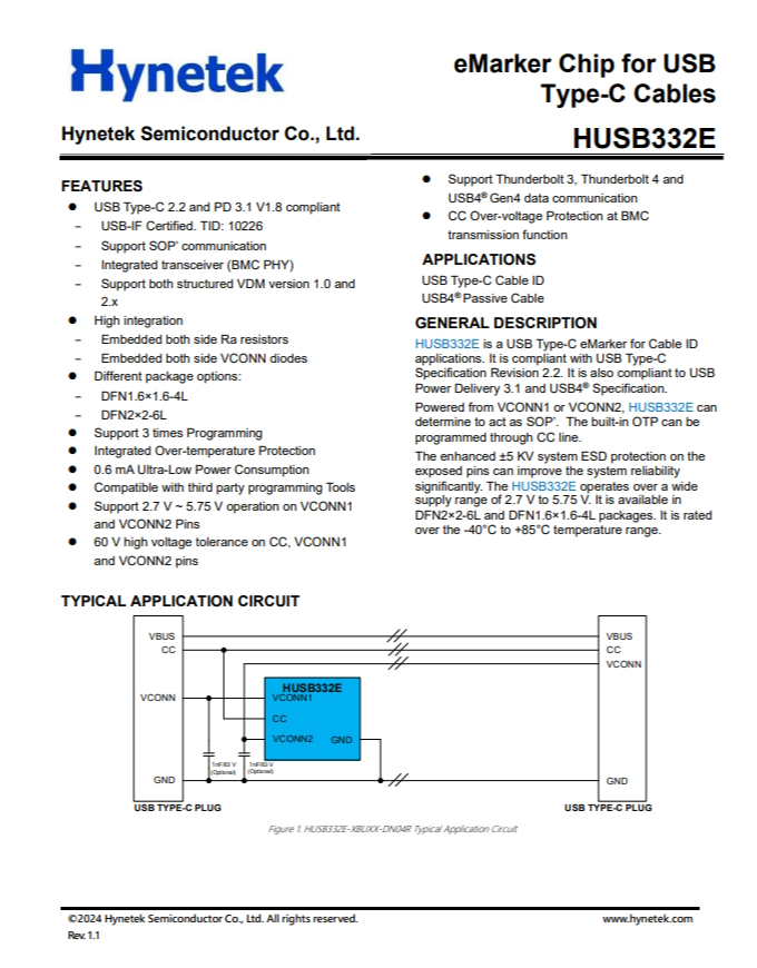 HUSB332E  用于USB的eMarker芯片 Type-C數(shù)據(jù)線