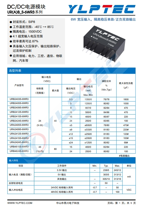 URB2415S-6WR3  : 寬壓輸入，隔離穩(wěn)壓?jiǎn)温?正負(fù)雙路輸齣