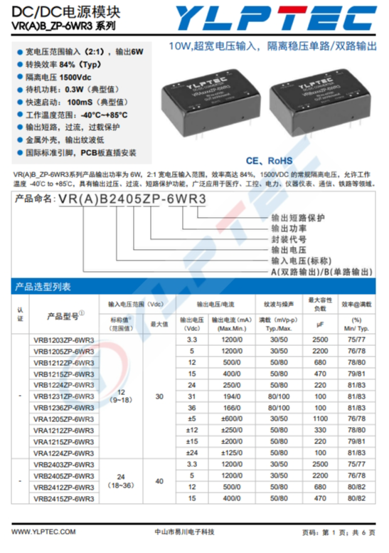 VRA2415ZP-6WR3  10W,超寬電壓輸入，隔離穩(wěn)壓單路/雙路輸出