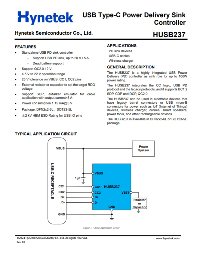 HUSB237  USB Type-C 供電接收器 控制器