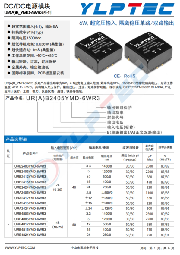 URA2415YMD-6WR3  6W,超寬壓輸入,隔離穩(wěn)壓單路/雙路輸出