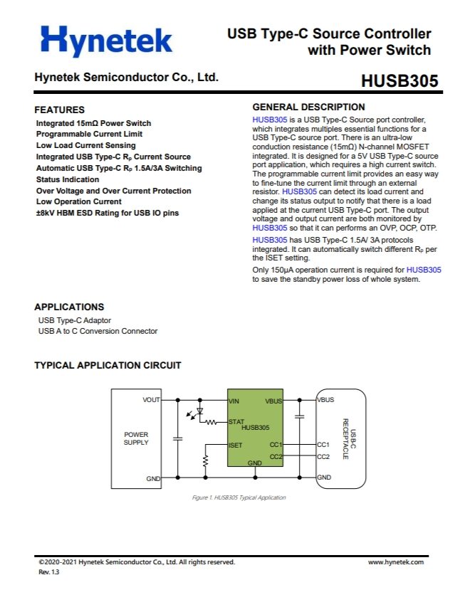 HUSB305  USB Type-C 源控制器 帶電源開關(guān)