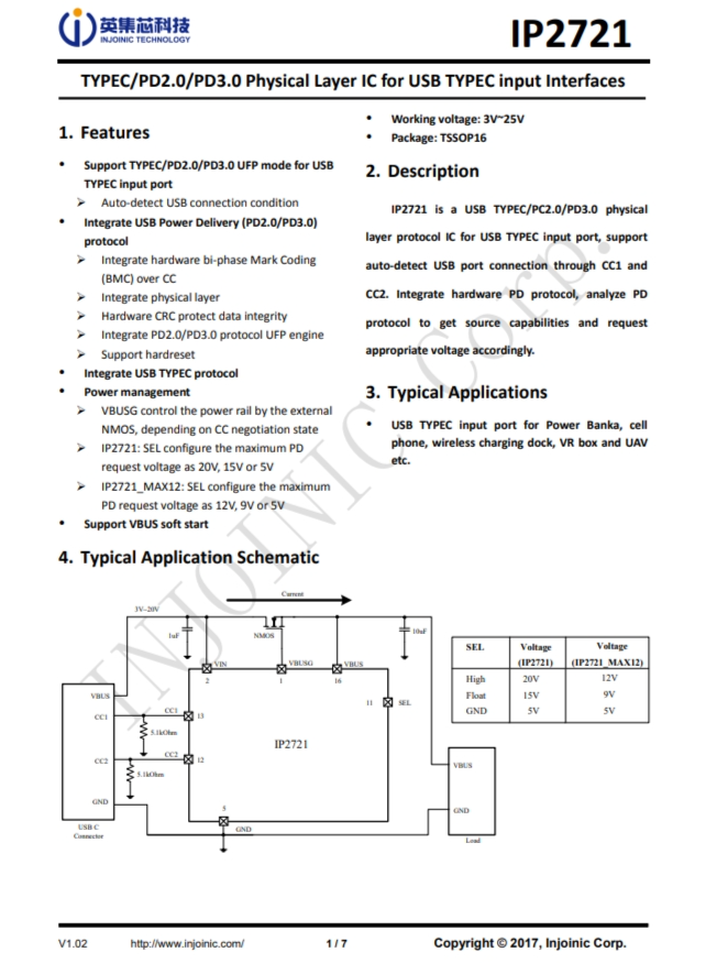 IP2721 用於USB TYPEC輸入接口的TYPEC/PD2.0/PD3.0物理層IC