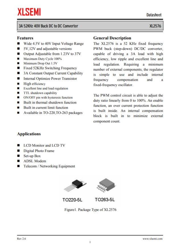 XL2576T-12E1  3A 52KHz 40V 降壓 DC-DC 轉(zhuǎn)換器