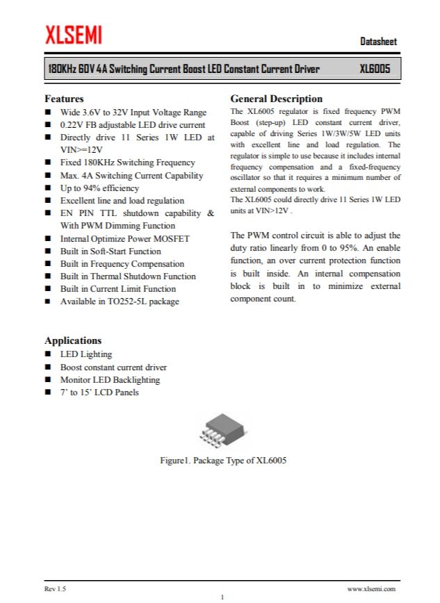 XL6005E1   180KHz 60V 4A 開關(guān)電流升壓 LED 恒流驅(qū)動器