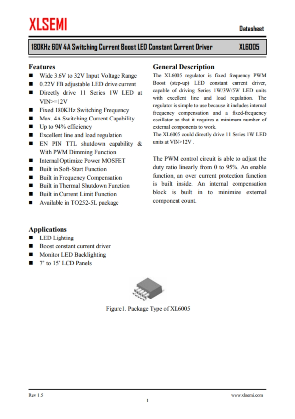 XL6005E1  180KHz 60V 4A 開關(guān)電流升壓 LED 恒流驅(qū)動器